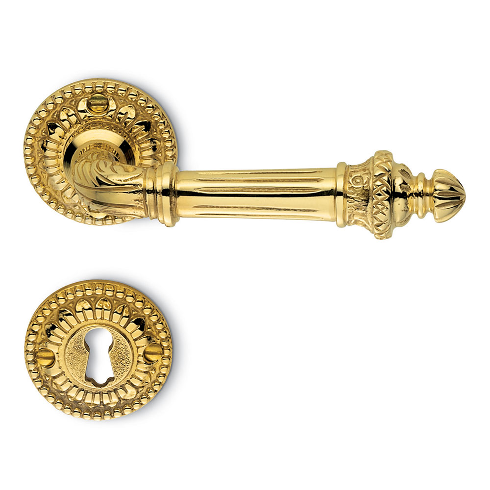 Impero Natural Brass Door Handle on Rosette With Decorations Made in Italy by Antologhia