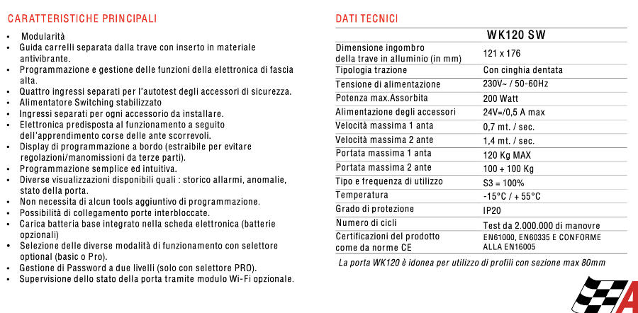 APRIMATIC WK120 - Automazione Porta Scorrevole - Caratteristiche
