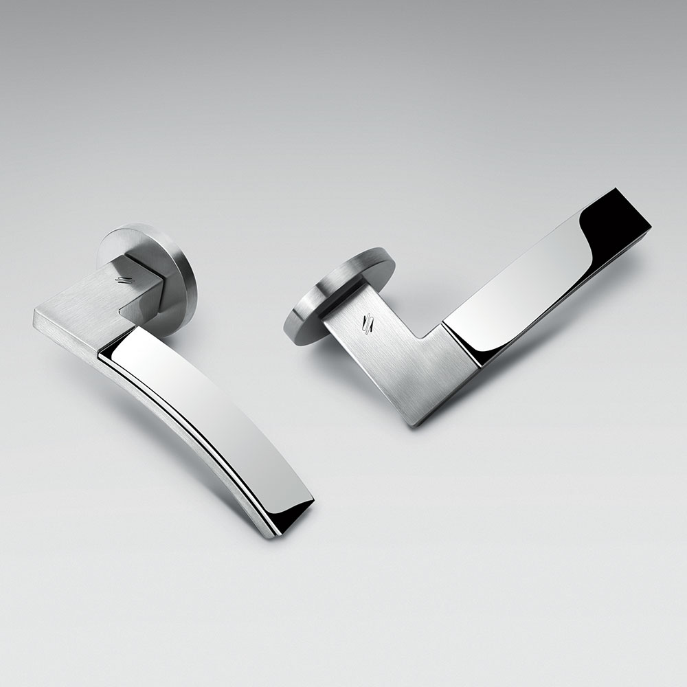 Trama 1 Polished and Satin Chrome Door Handle on Rosette Made in Italy by Colombo Design