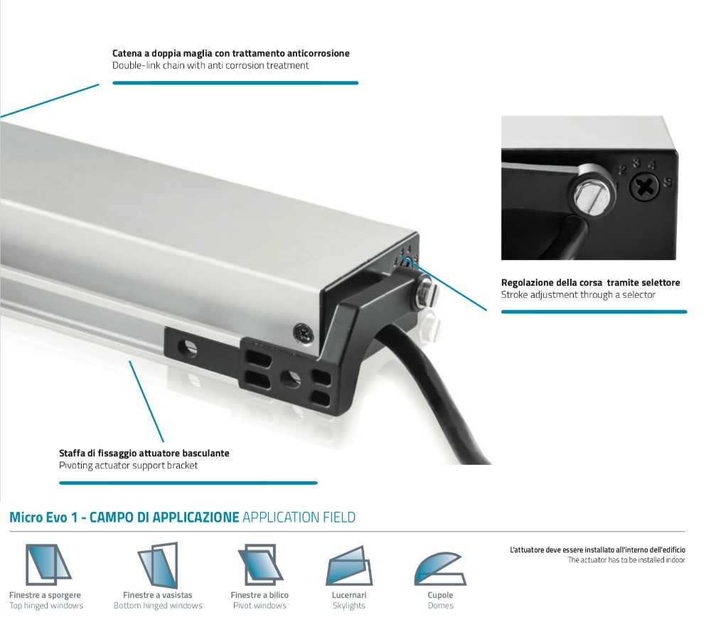 Caratteristiche tecniche Micro Evo 1 Mingardi attuatore a catena