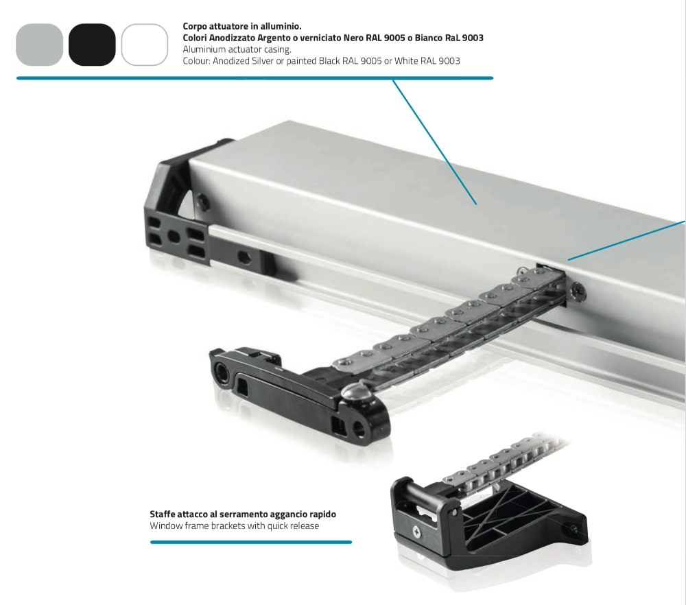 Micro Evo 1 Mingardi: attuatore elettrico lineare a catena articolata a doppia maglia contenuta all'interno di un involucro metallico.