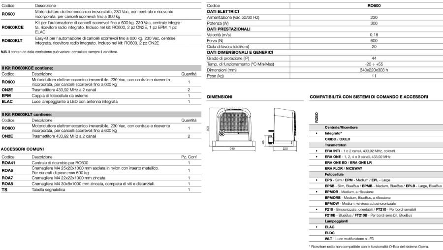 Nice Robo600 - caratteristiche tecniche