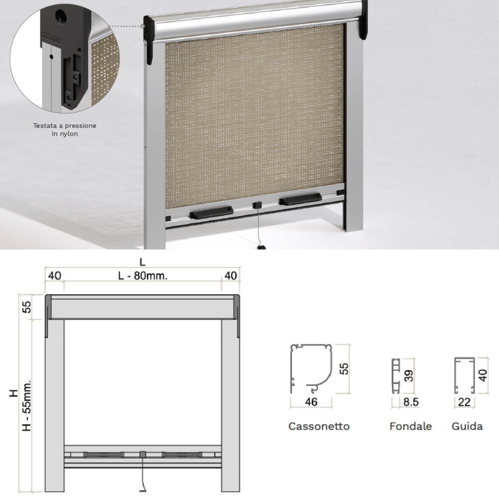 Tenda a Rullo a Molla con Cassonetto Tondo 46mm Guida Esterna Pronema