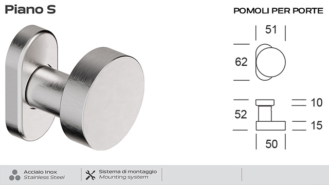 Pomello Acciaio Inox per Porta Fisso - Modello Reguitti Piano S