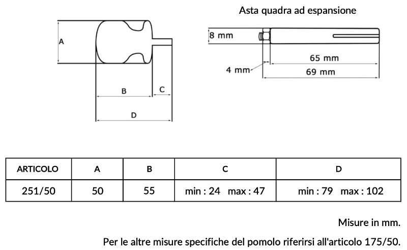 Pomolo Girevole in Alluminio - Saguatti 251 Ø50 - Quadro 8 mm