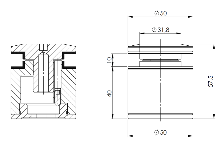 Entretoise pour garde-corps PHC-40 Inox Aisi 316 Dessin technique SpeedyByCasma