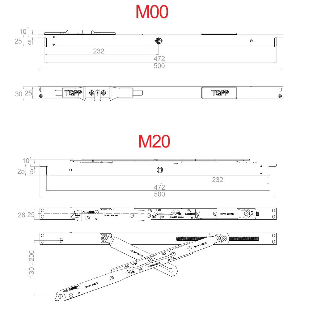 M00 M20 Topp disegno tecnico attuatori