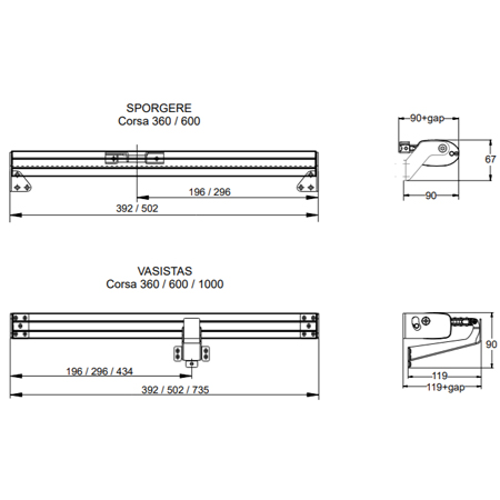 Dimension of the actuator C160 Topp