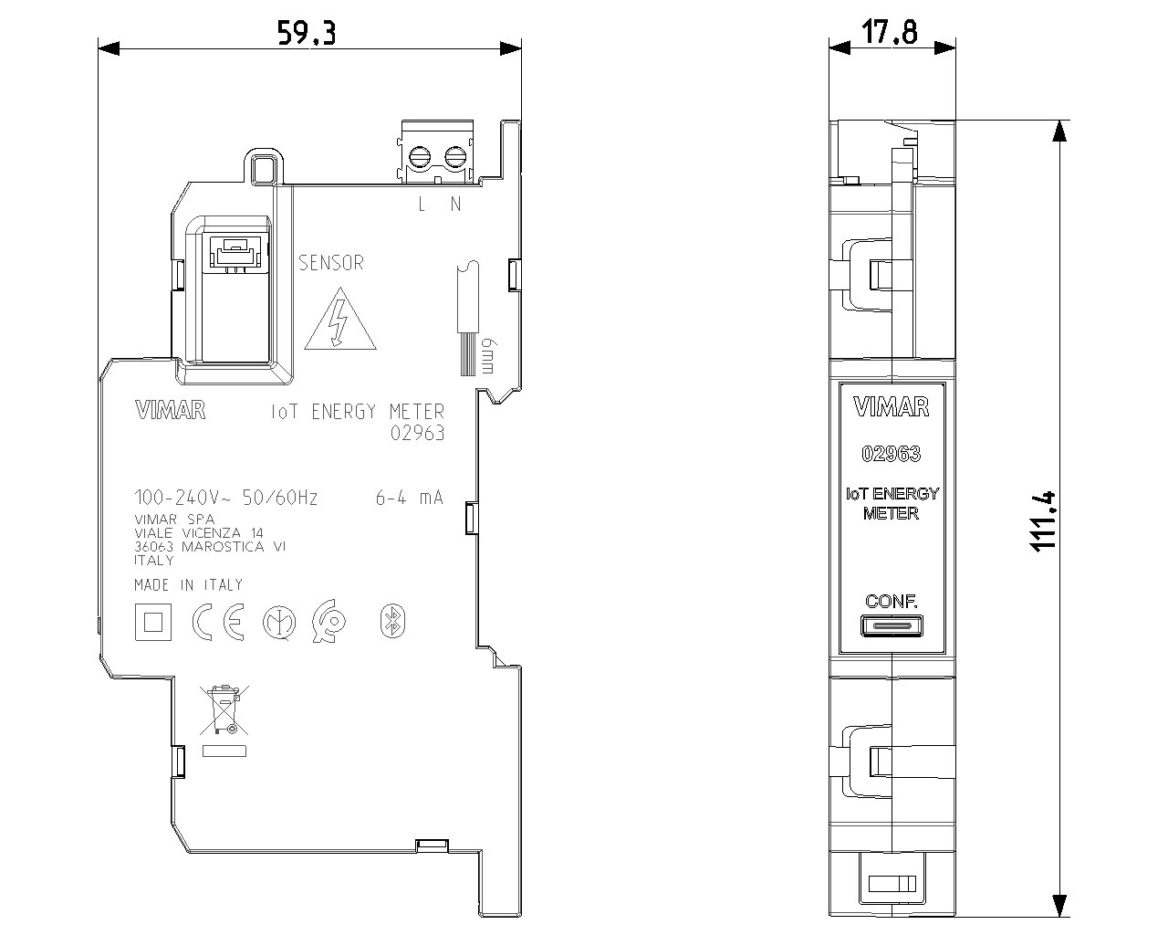 Compteur d'énergie connecté IoT monophasé 02963 Vimar