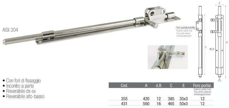 Catenaccio Acciaio Inox Verticale Reversibile Senza Incontro