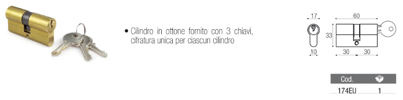 Cilindro per Serrature - 174EU Brevetti Adem - in Ottone con 3 Chiavi