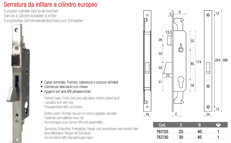 Europäisches Zylinderseinsteckschloss zum Schrauben 767 Adem