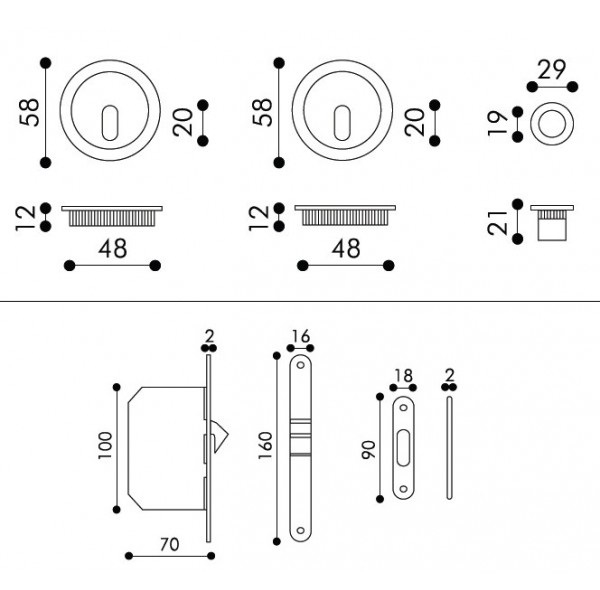 Kit de manilla y cerradura redonda Arieni 95 para puertas correderas Kit Maniglie Tonde e Serratura per Porte Scorrevoli Arieni 95