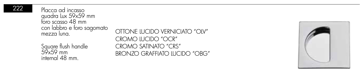 Maniglia Quadrata ad Incasso Arieni 222 - Placca Quadra 59x59 mm per Porte Scorrevoli
