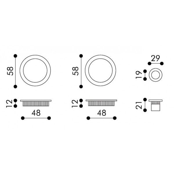 Manillas para puertas correderas Arieni 95/SF, redondas, para nichos ciegos de ø58 mm - Medidas Maniglie per Porte Scorrevoli Arieni 95/SF Nicchie Tonde Cieche ø58 mm - Misure