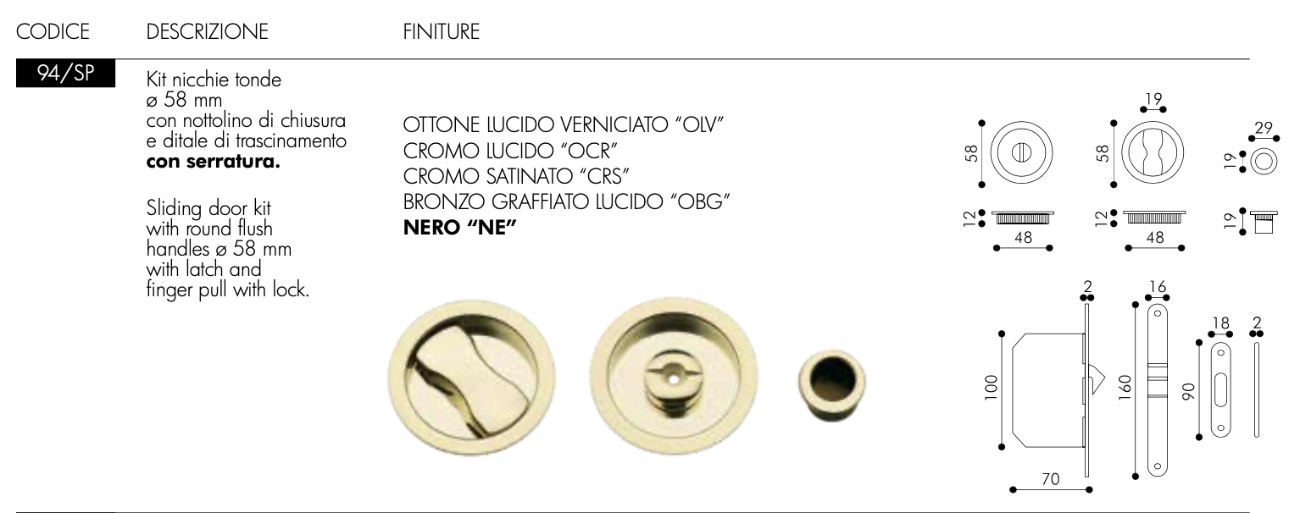 Manillas empotradas para puertas correderas Arieni 94/SP Ø58 mm - Kit pestillo de cierre + tirador de canto + cerradura