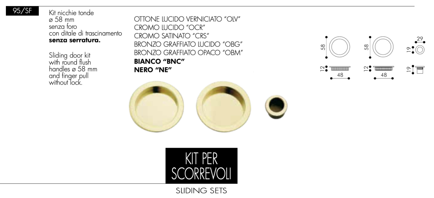 Manillas empotradas para puertas correderas Arieni 95/SF - Redondas ciegas Ø58 mm sin agujero