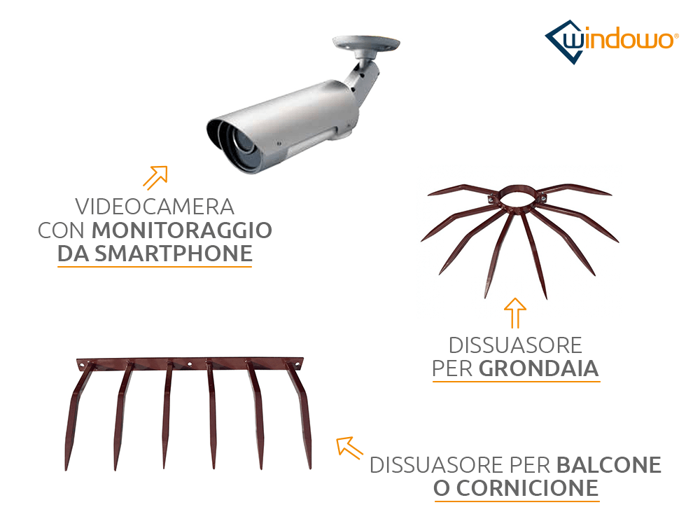 videocamera di sorveglianza con monitoraggio da smartphone e dissuasori ladri per grondaie balconi e cornicioni