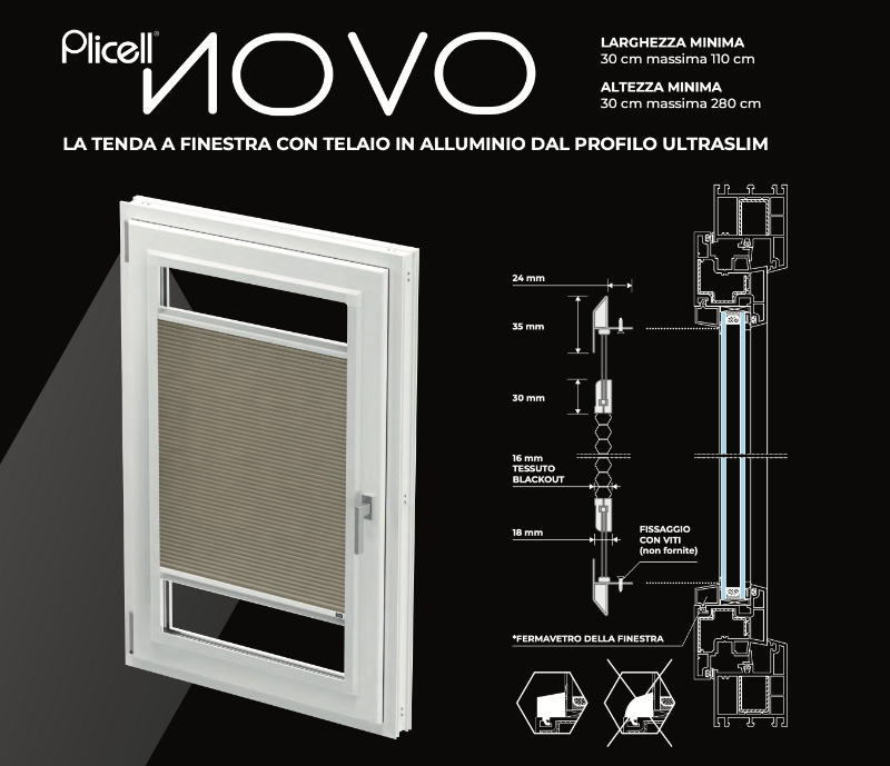 Plicell Novo Tenda a Finestra Plissettata 16 mm con Telaio in Alluminio