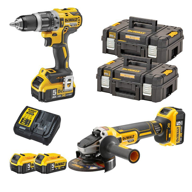 DeWalt DCK2153P2T - Kit trapano DCD796, smerigliatrice DCG405, 2 batterie da 5Ah e 2 valigette