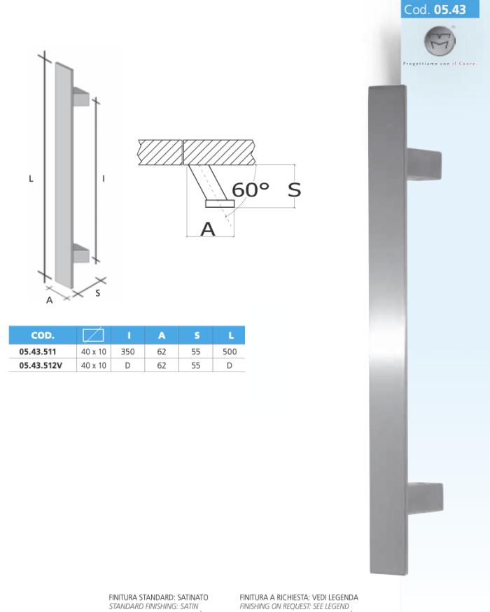 Maniglione Barra Rettangolare Inclinata 40x10 MPM 05.43