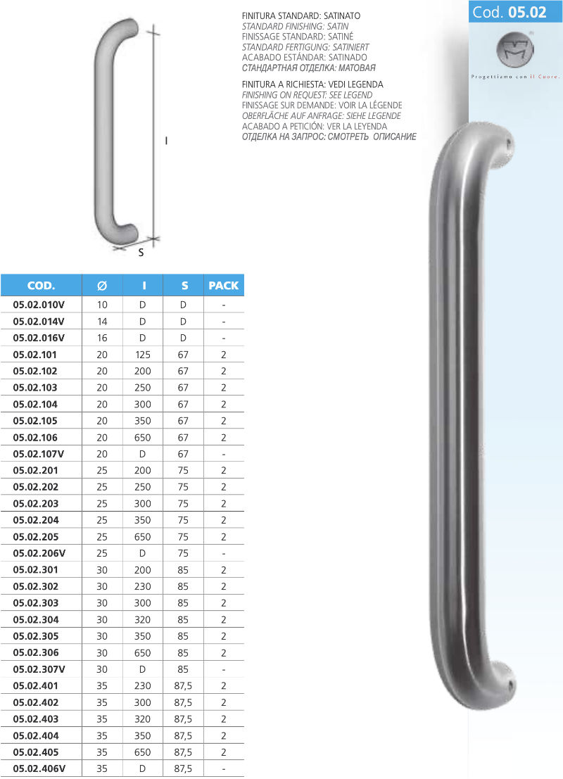 Maniglione Inox in Acciaio Satinato o Lucido Forma Tubolare - Codice 05.02 MPM