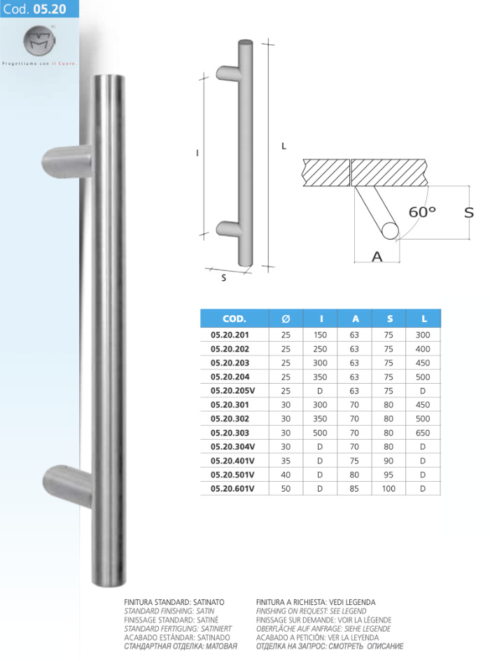Maniglione per Porta in Acciaio Satinato o Lucido MPM 05.20