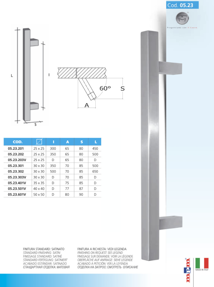 Maniglione in Acciaio MPM 05.23 a Barra Quadra Inclinata