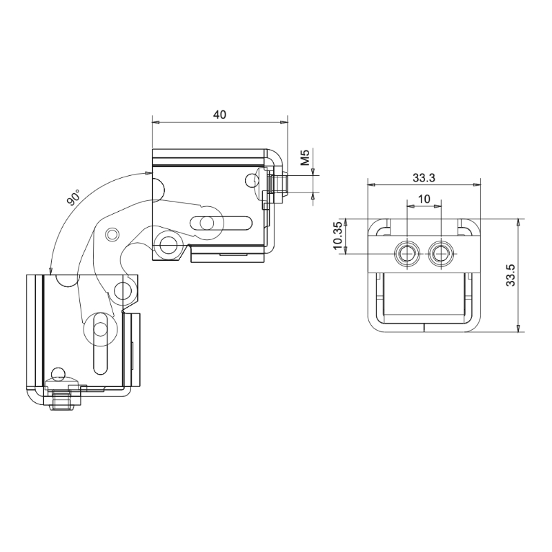 Cerniera a scomparsa ribaltamento 90° codice 133/1.2 Nova-Ferr disegno tecnico e misure