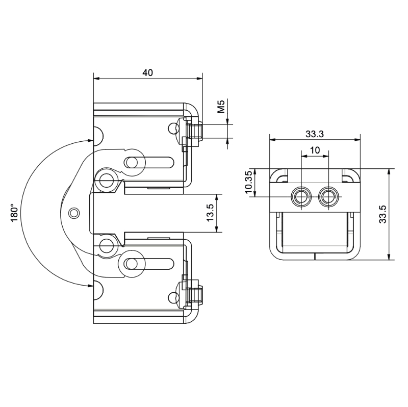 Cerniera a scomparsa ribaltamento 180° codice 133/2.2 Nova-Ferr disegno tecnico e misure