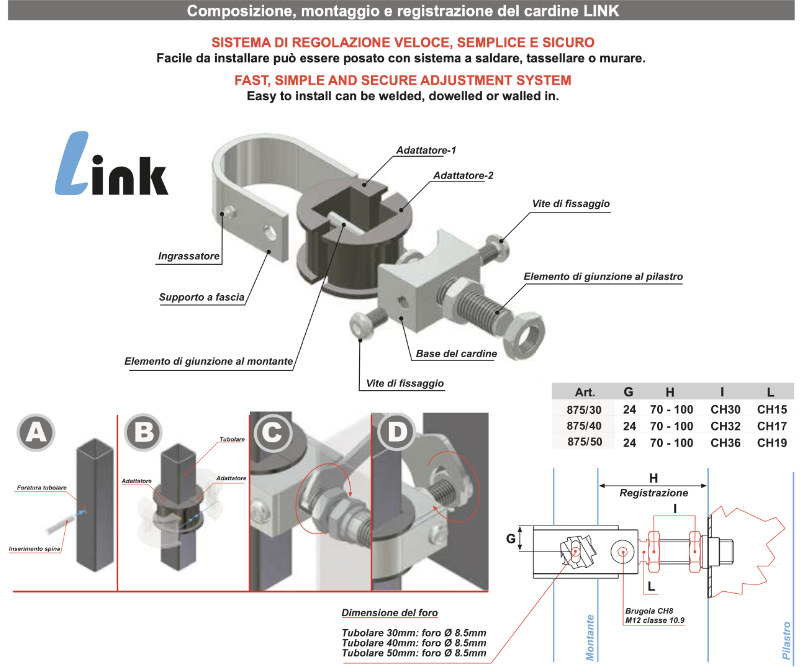 Cardine Link per Cancello a Battente con Regolazione Veloce