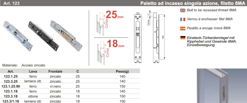 Paletto ad Incasso Singola Azione Filetto 8MA Nova-Ferr 123