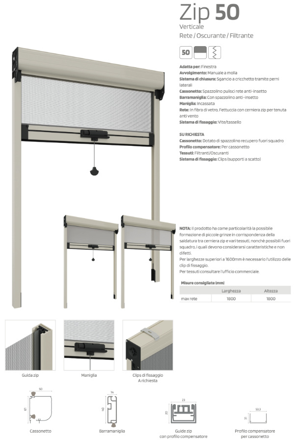 Vertical Anti-Bug Mosquito Net Officine Rami with Guides Zip 50