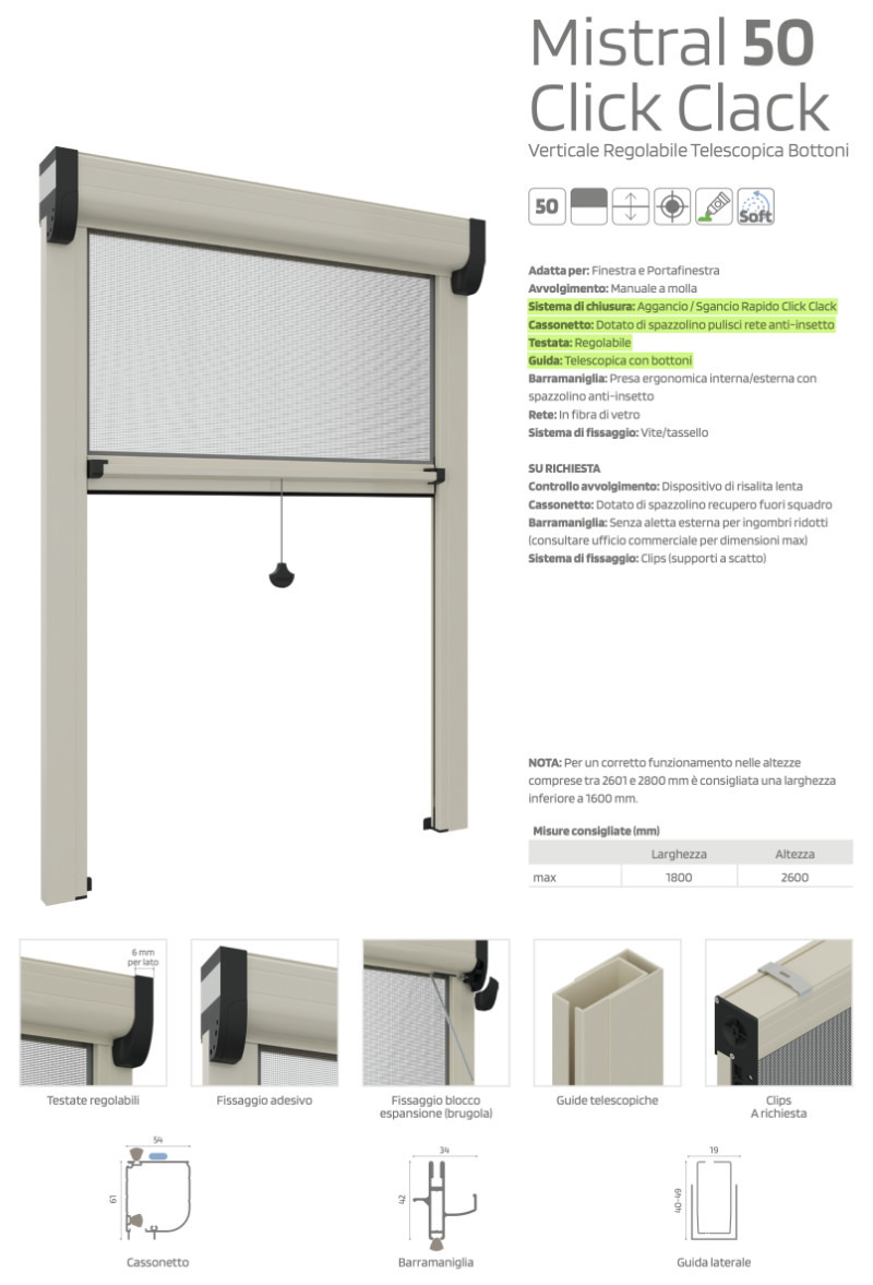 Zanzariera Mistral Rami - Verticale per Finestra - Click Clak - Regolabile Telescopica