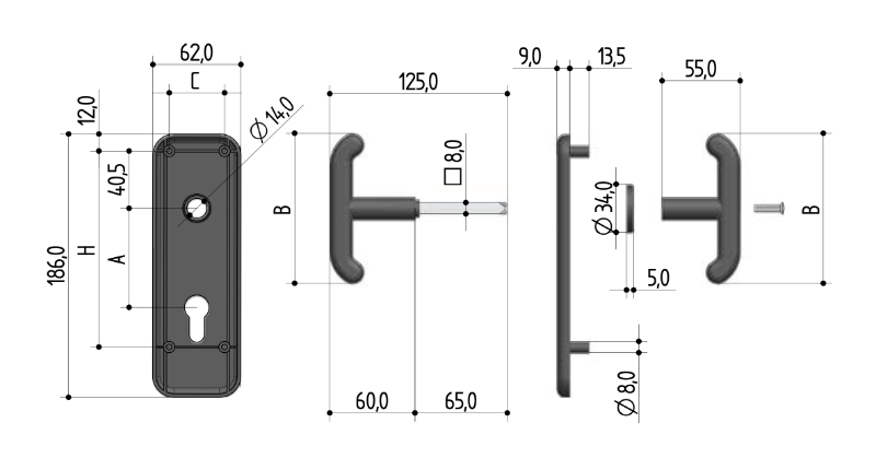 Maniglia per Porta Basculante con Placca Foro Yale - Prefer 0433 - Interasse 70 mm