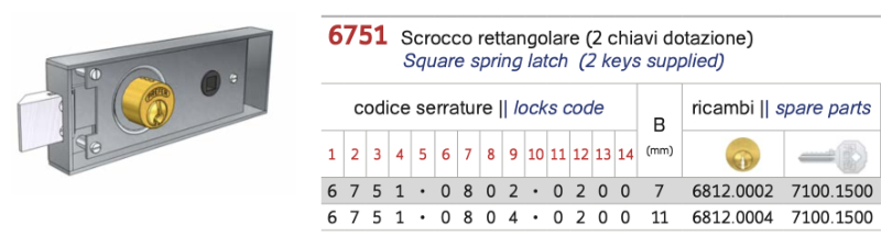 Serratura per Porte Metalliche con Scrocco Rettangolare - Prefer 6751