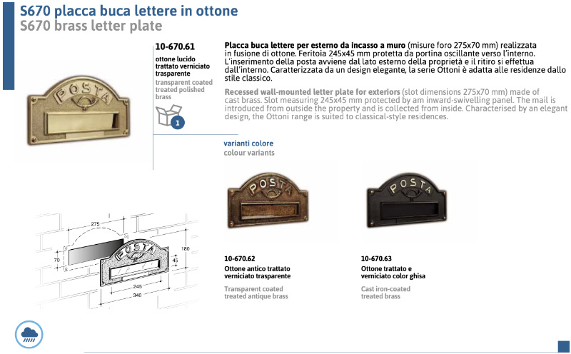 Placca Buca lettere Classica in Ottone - per Esterno da Incasso a Muro - Silmec S670