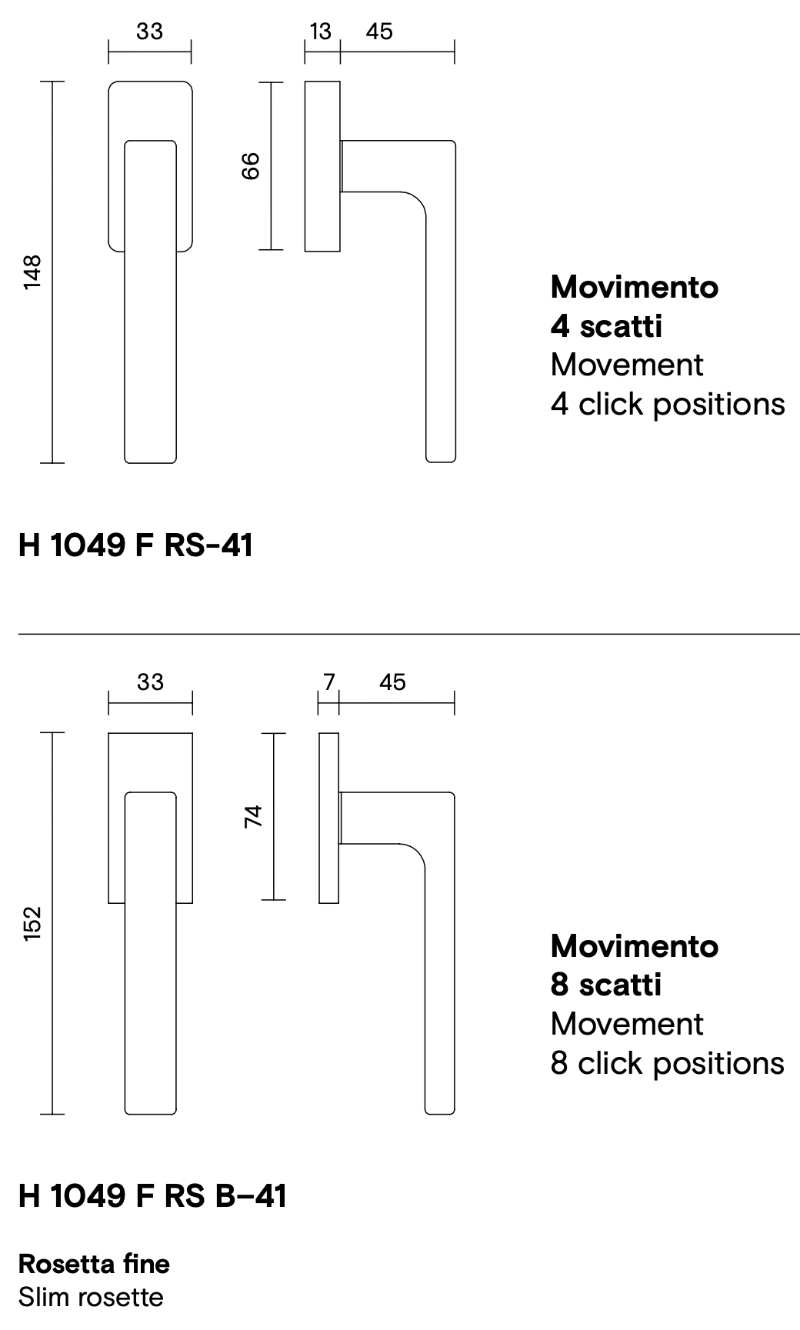 Misure della maniglia da finestra H 1049 Divara Valli