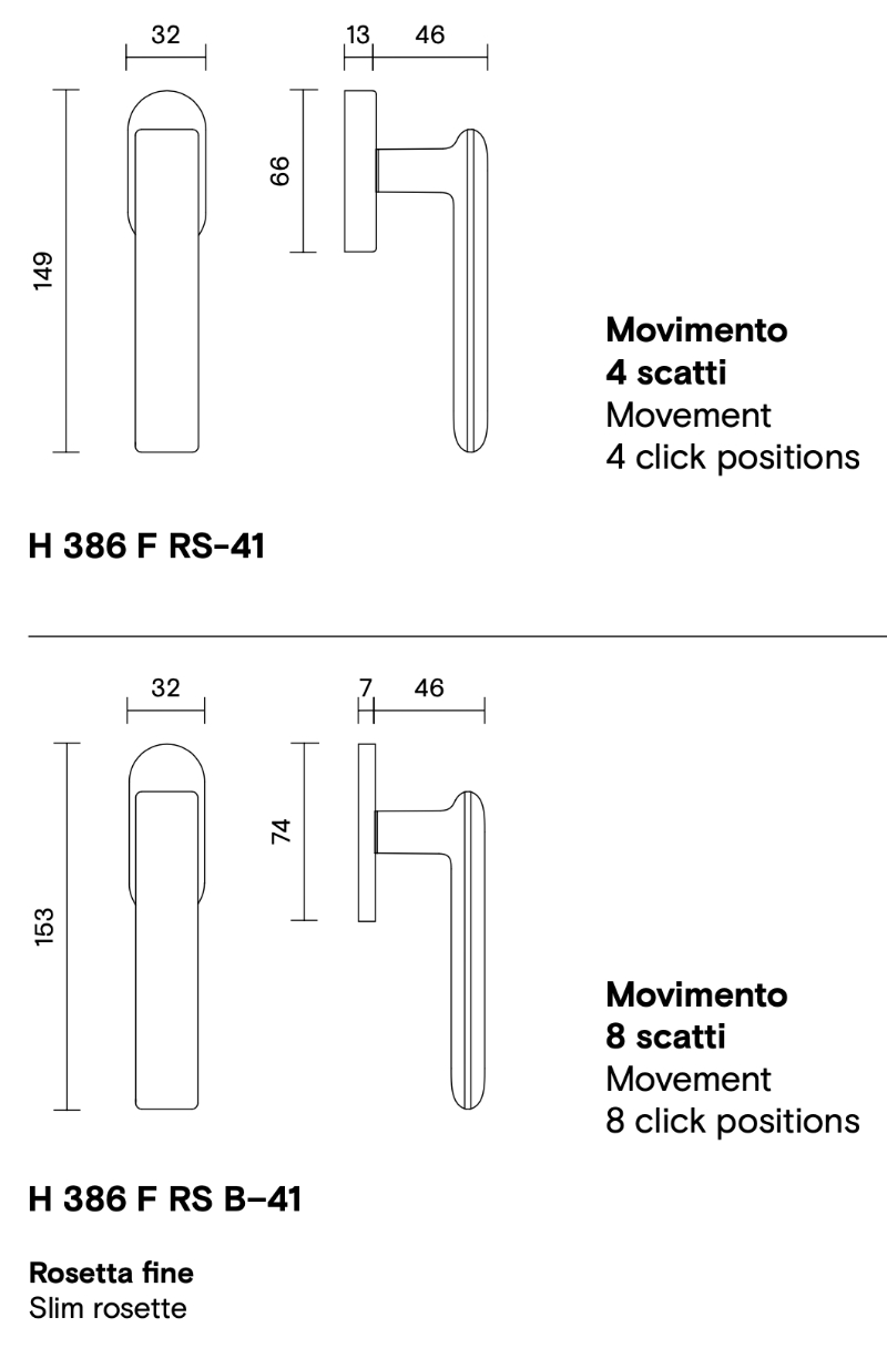 Misure maniglia da finestra H 386 Meneghello Paolelli Fusital