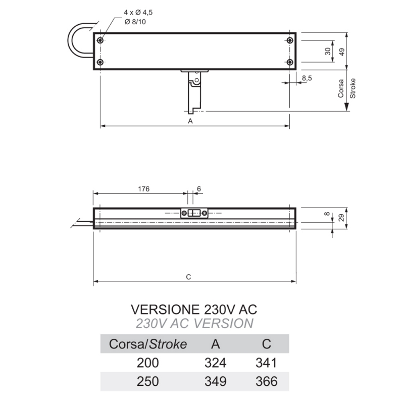 Attuatore a Catena Micro S WAY Mingardi 230V Corsa 200-250mm