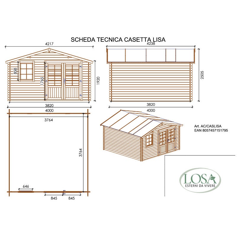 Casetta Blockhouse in Legno di Abete 400x400 cm Lisa Losa