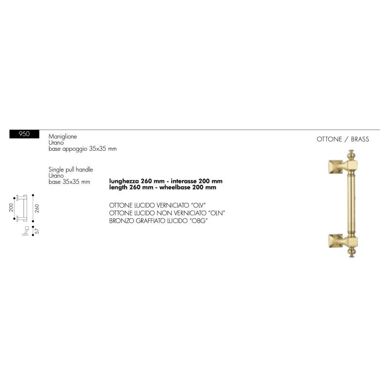 Maniglione per Porta Classico in Ottone Urano Arieni 950 Lungo 260mm
