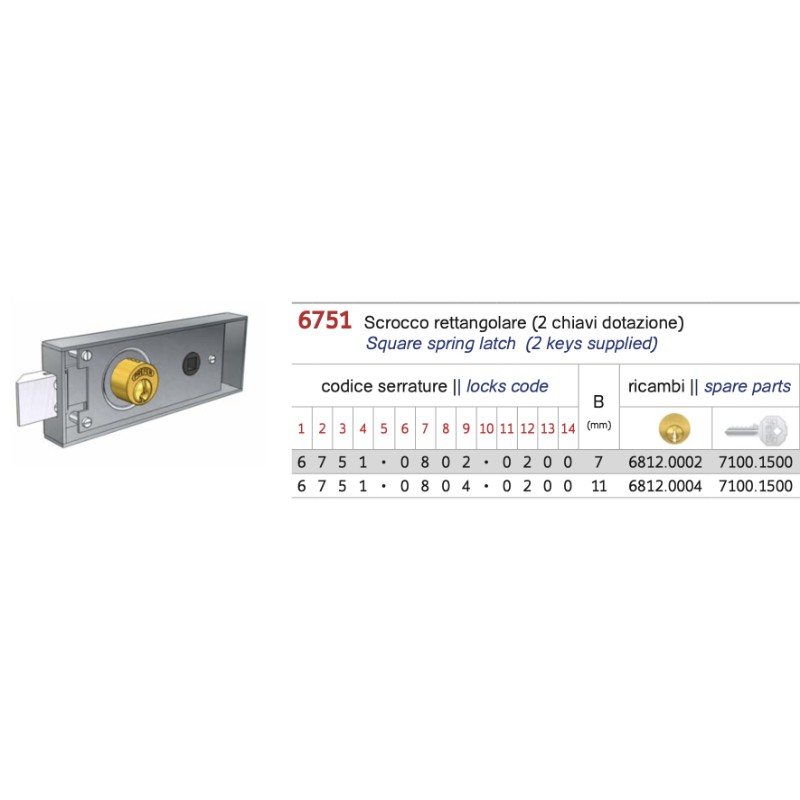 Serratura Porte Metalliche Scrocco Rettangolare Prefer 6751